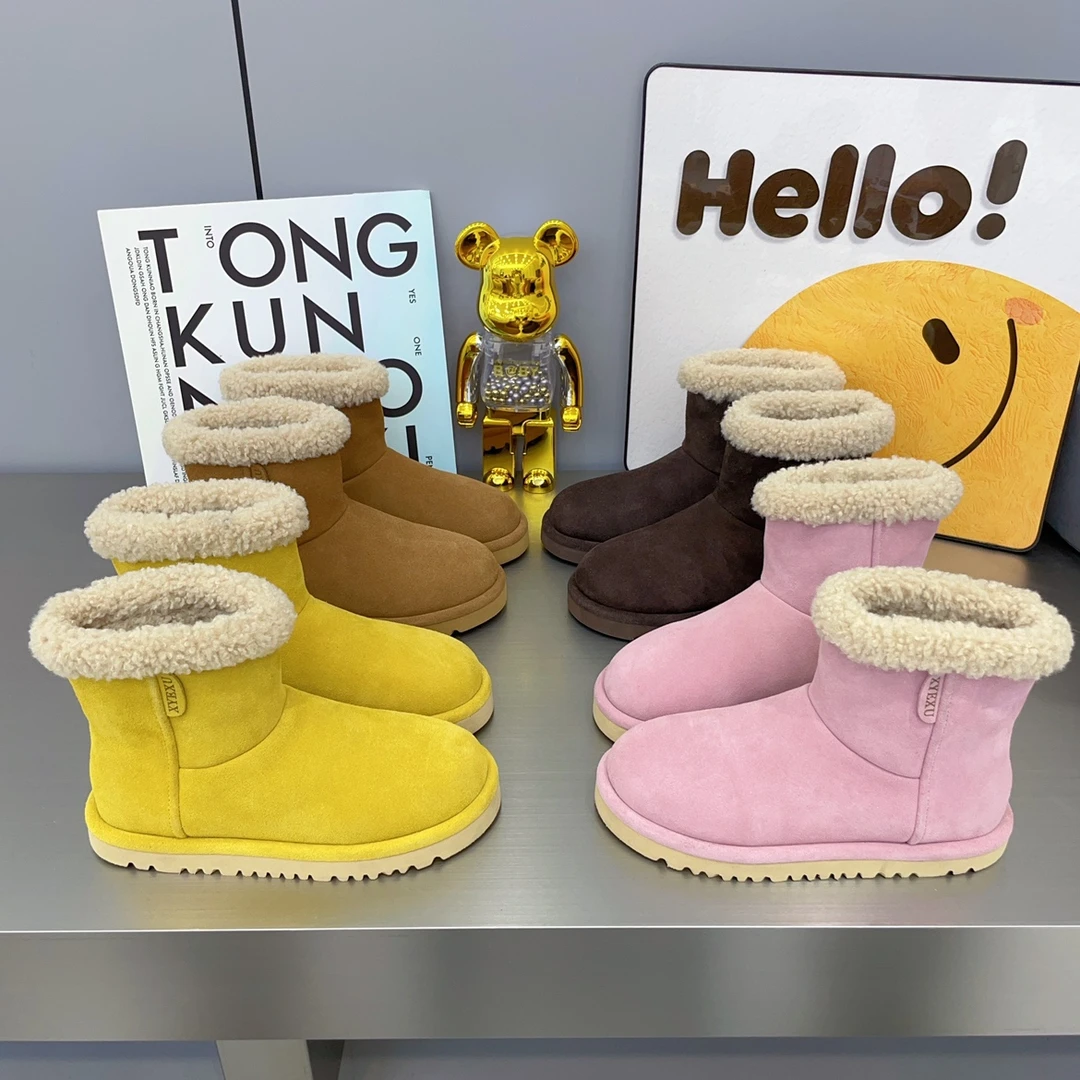 2025欧货爆款羊羔毛保暖加绒棉靴女百搭复古厚底糖果色短靴雪地靴