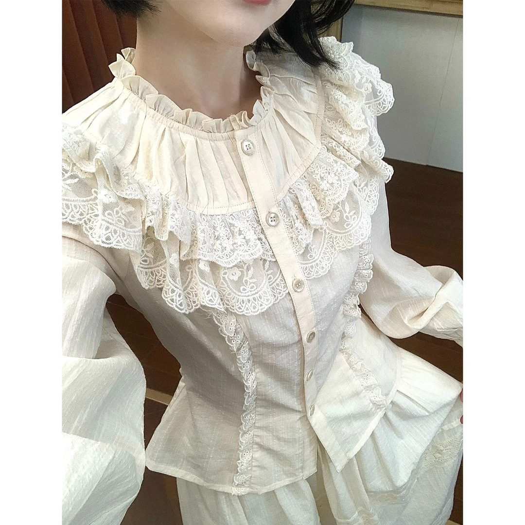 法式优雅木耳边衬衣女秋季设计感荷叶边收腰上衣07371