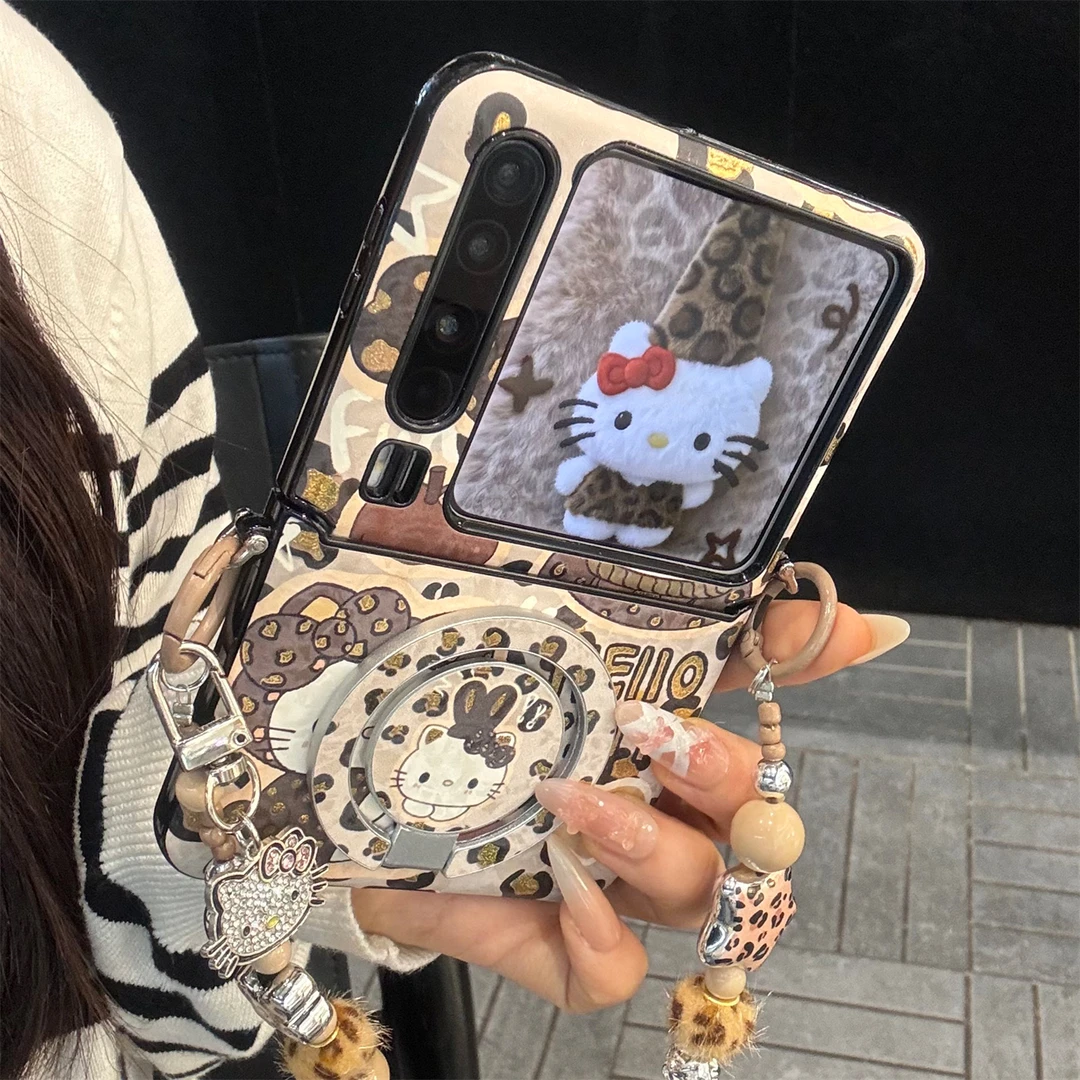 适用华为purax折叠屏手机壳棕色豹纹pocket2皮质kt猫折叠磁吸支架