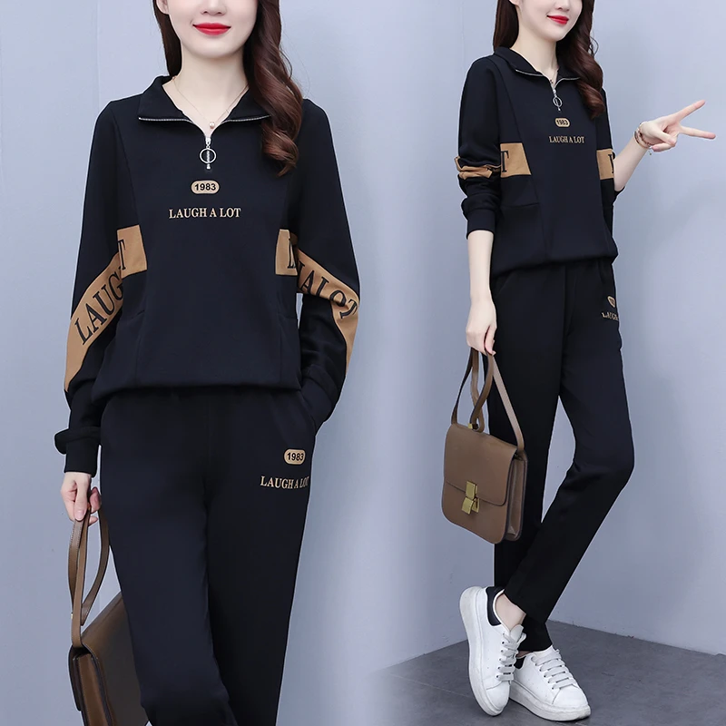 大码女装秋装新款胖妹妹洋气遮肚子休闲运动裤子卫衣两件BG#9160