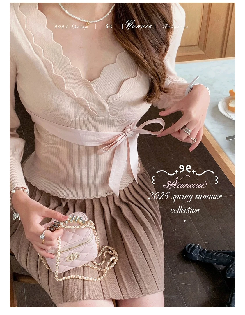 甜水仙 花瓣奈奈 设计感一字肩毛针织衫蝴蝶结外绑带设计打底衫