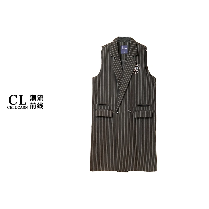 H7CIX014#春秋款条纹西装中长款宽松百搭字母坎肩上衣外套