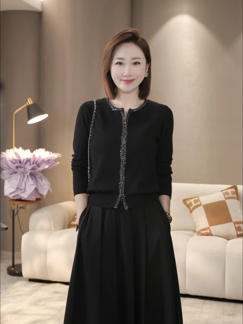【双姐】不起球针织长袖秋冬季圆领珠片绣毛针织衫开衫上衣JH11472