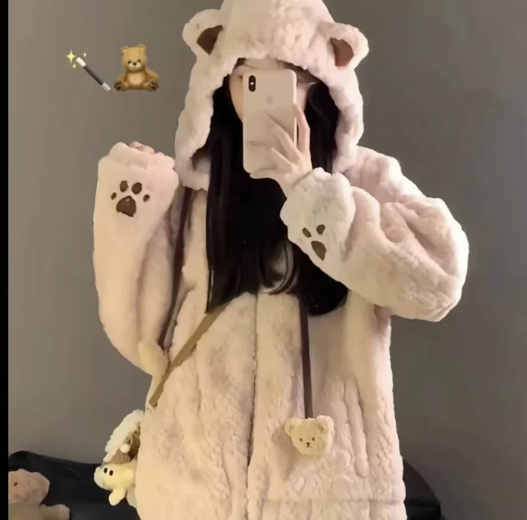 LQQ毛毛衣 时尚甜美可爱小熊耳朵宽松连帽加厚保暖毛绒冬季外套