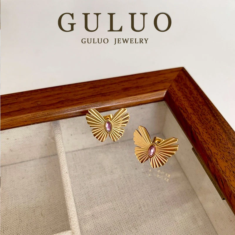 铜合金耳饰 金色肌理感磨砂蝴蝶设计感精致耳钉