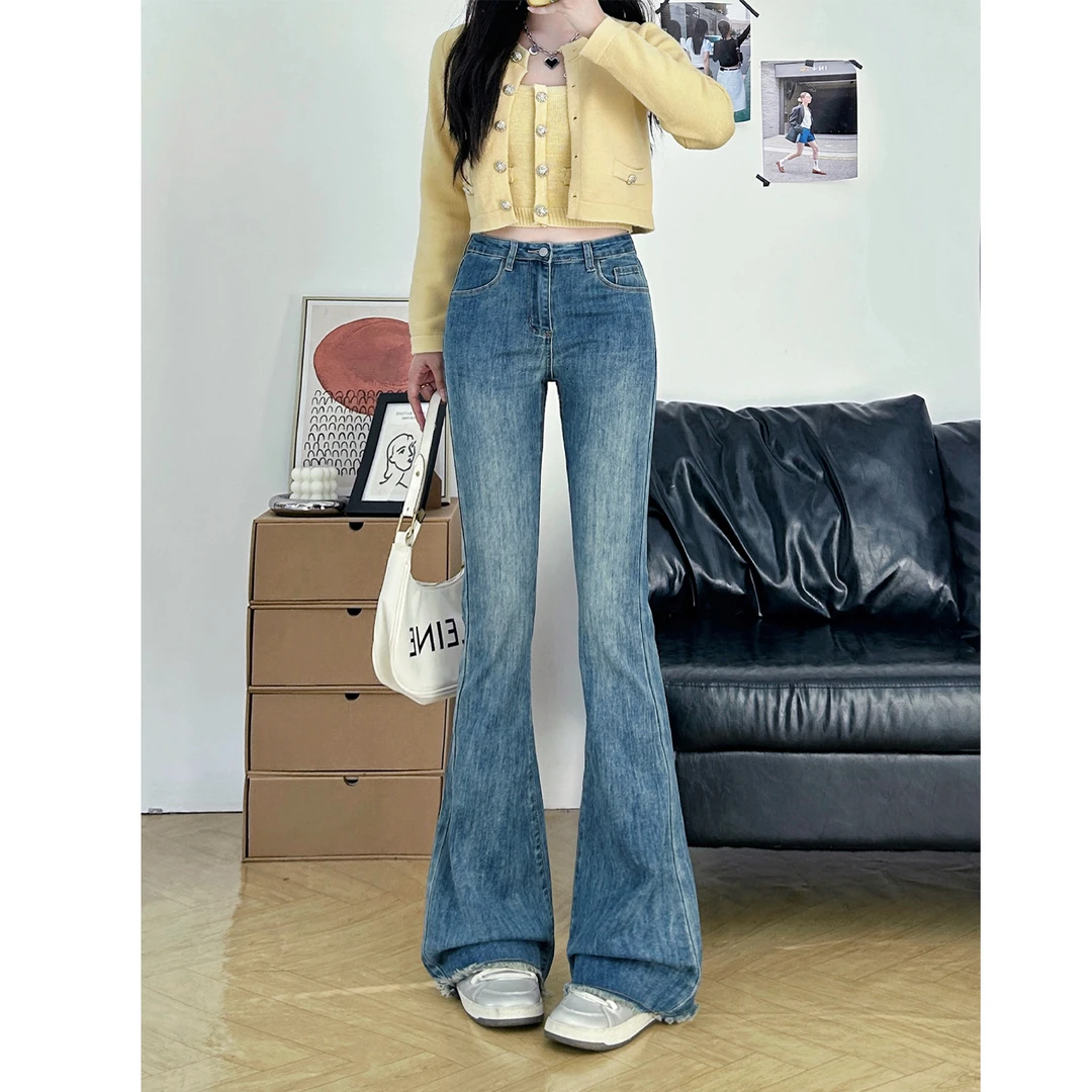 复古毛边微喇牛仔裤女秋冬2025爆款高腰显瘦修身弹力拖地喇叭裤子