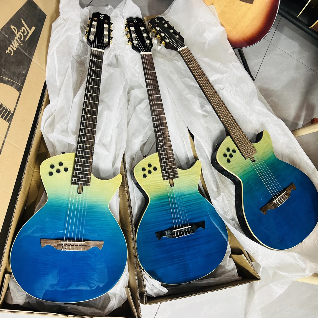 湖蓝枫木面板超薄跨界古典吉他静音吉他窄指板48m尼龙舞台古典