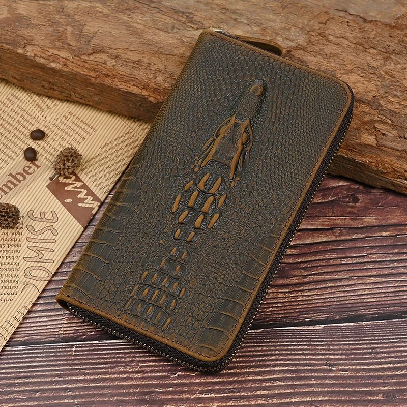 欧美风休闲头层牛皮男士钱包复古大容量疯马牛皮手拿包长款手包