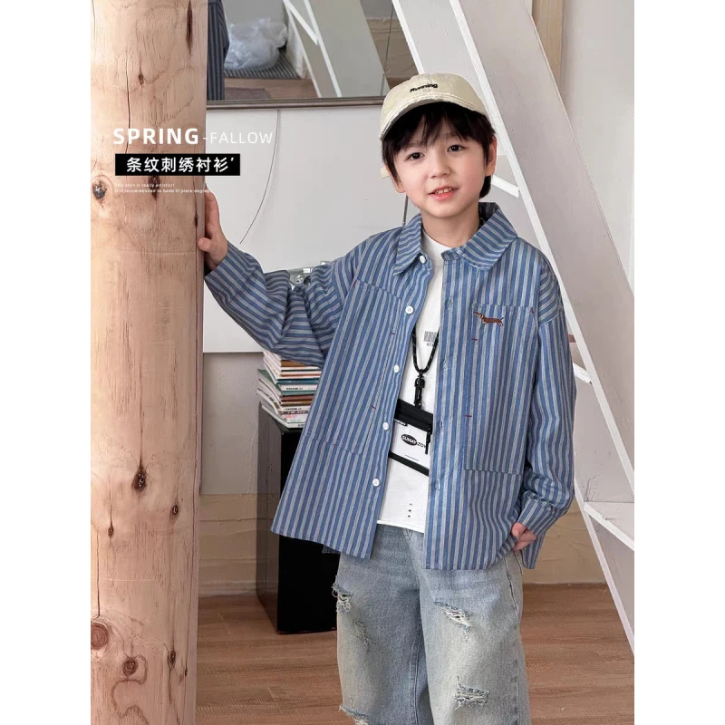 儿童装男童长袖衬衫春秋款2025新款男孩潮酷条纹衬衣宝宝春季外穿