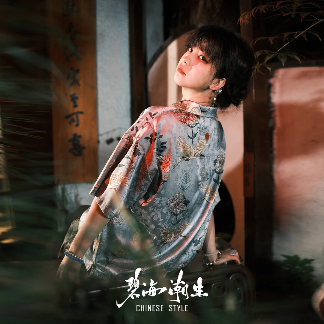 碧海潮生【仙鹤】春夏新款中国风国潮提花印花休闲短袖衬衫