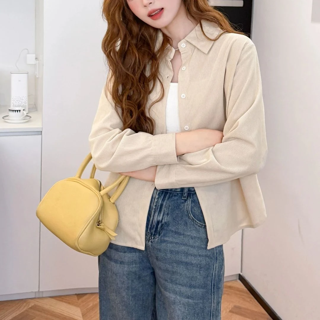 灯芯绒polo衬衫女春秋冬季新款坑条衬衣宽松上衣短外套内搭外穿