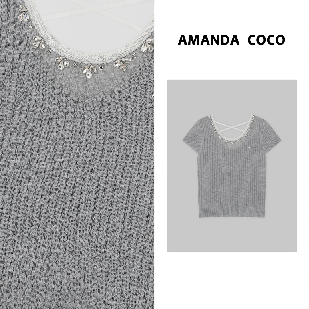 灿灿#氛围秘诀～串钻设计感撞色交叉小露背短袖针织