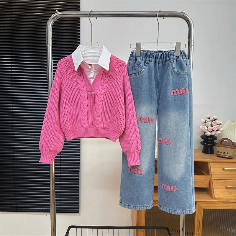 女童套装2025春秋新款中大童3-12岁15岁针织毛衣牛仔阔腿裤两件套