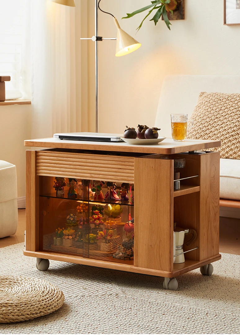 特价处理实木可升降茶几樱桃木岩板移动小推车沙发边几茶水柜