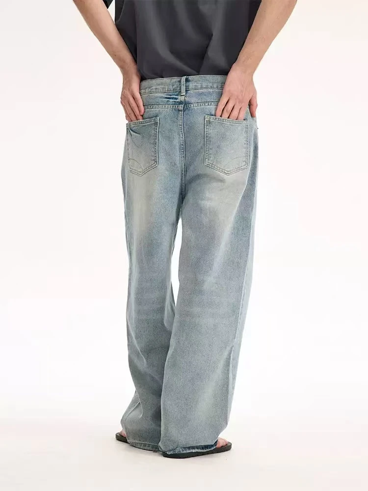 中古经典水洗做旧直筒浅蓝牛仔裤男女