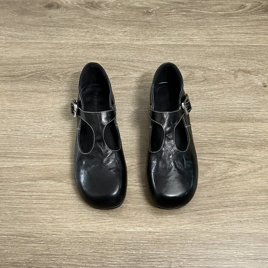 Dannyfrey头层羊皮复古T字带女春秋款舒适软底百搭勃肯鞋1.5CM