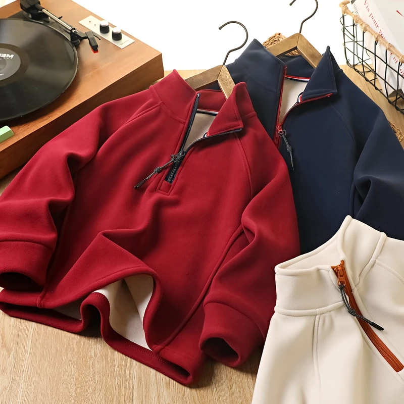 男童秋冬新款纯色羊毛蚕丝拉链衫中大童简约百搭加厚保暖上衣6921