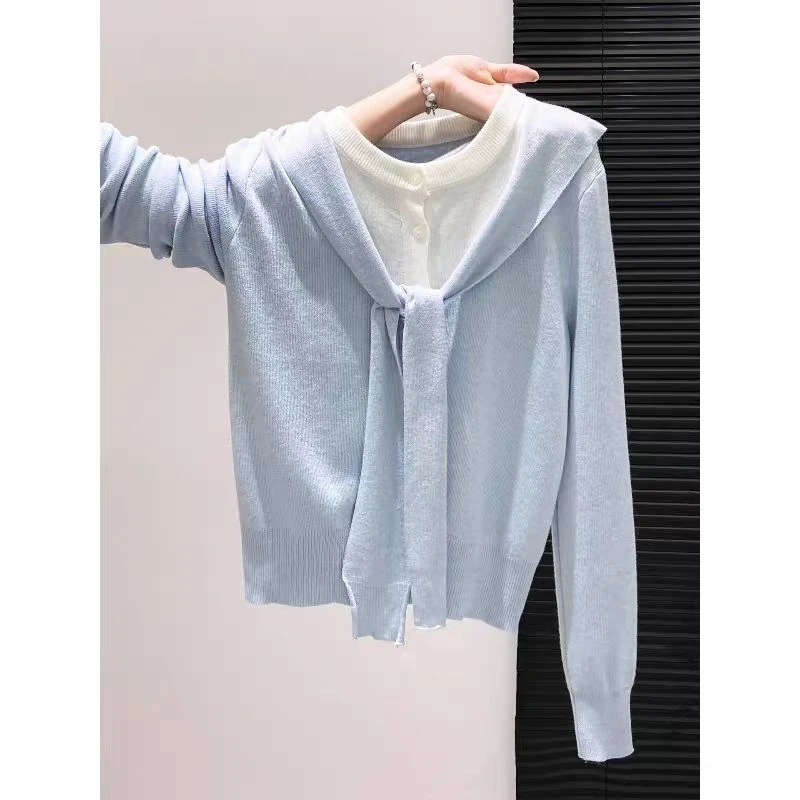 【80-180斤】秋冬小众别致宽松显瘦百搭上衣撞色披肩假两件针织衫女