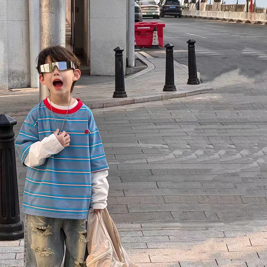 男童宽松假两件长袖T恤春秋儿童洋气时髦春装打底衫上衣中小童