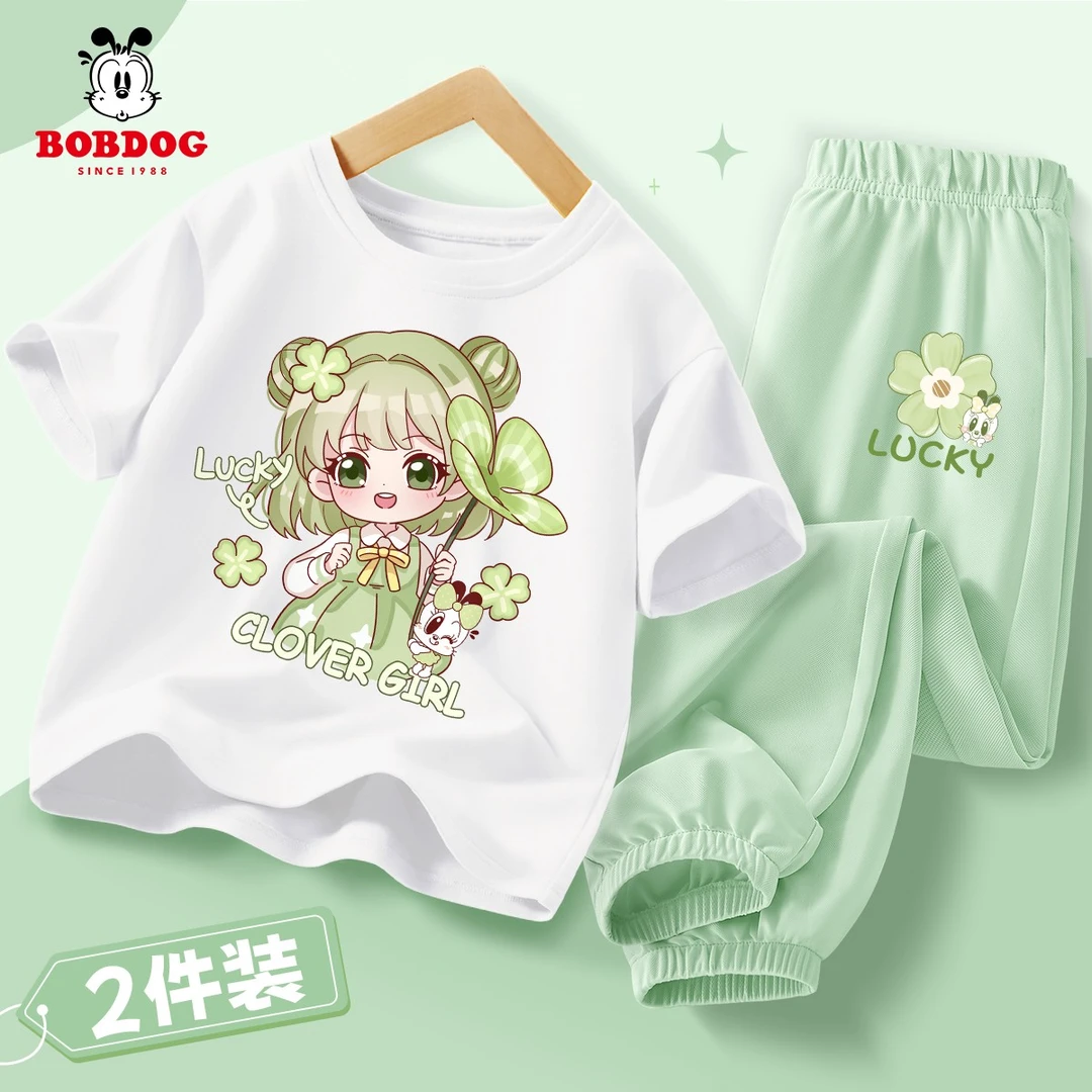巴布豆卡乐女孩套装2025新款儿童休闲t恤夏装防蚊裤大童时髦衣服