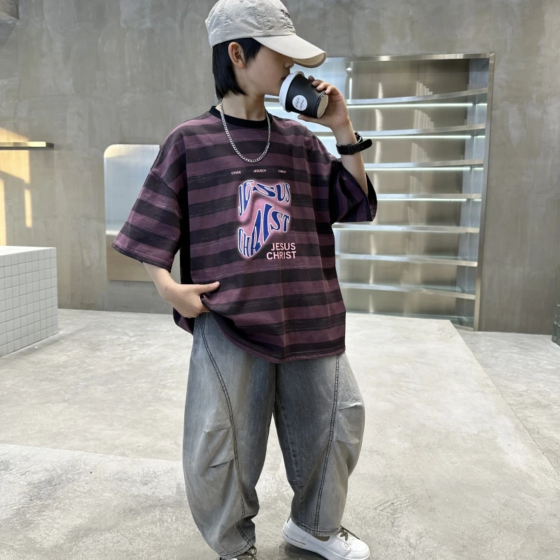 童装儿童夏季条纹短袖T恤2025年新款中大童男童韩版洋气帅气夏装