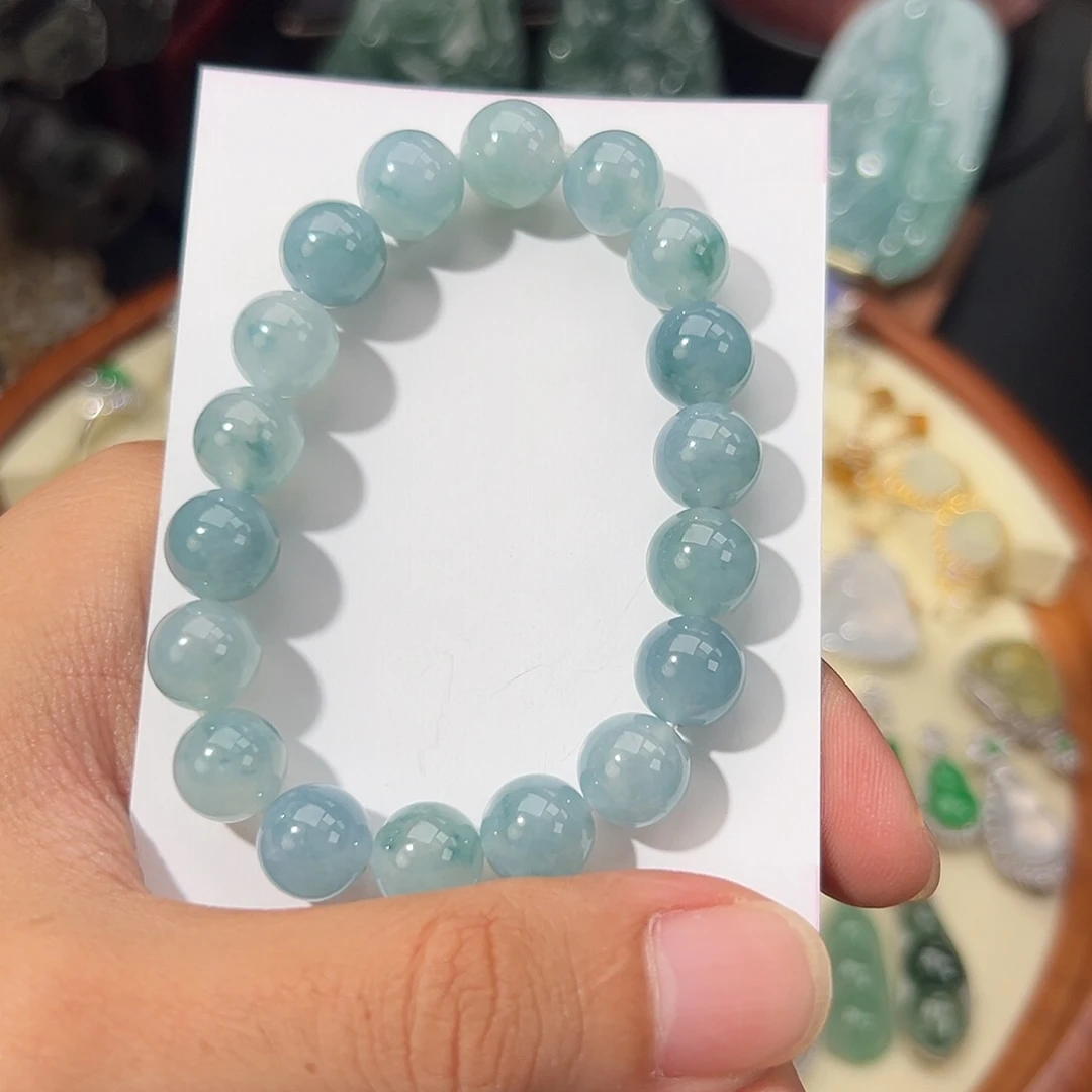 翡翠未镶嵌手链牛仔蓝老坑种飘蓝花手串卡10