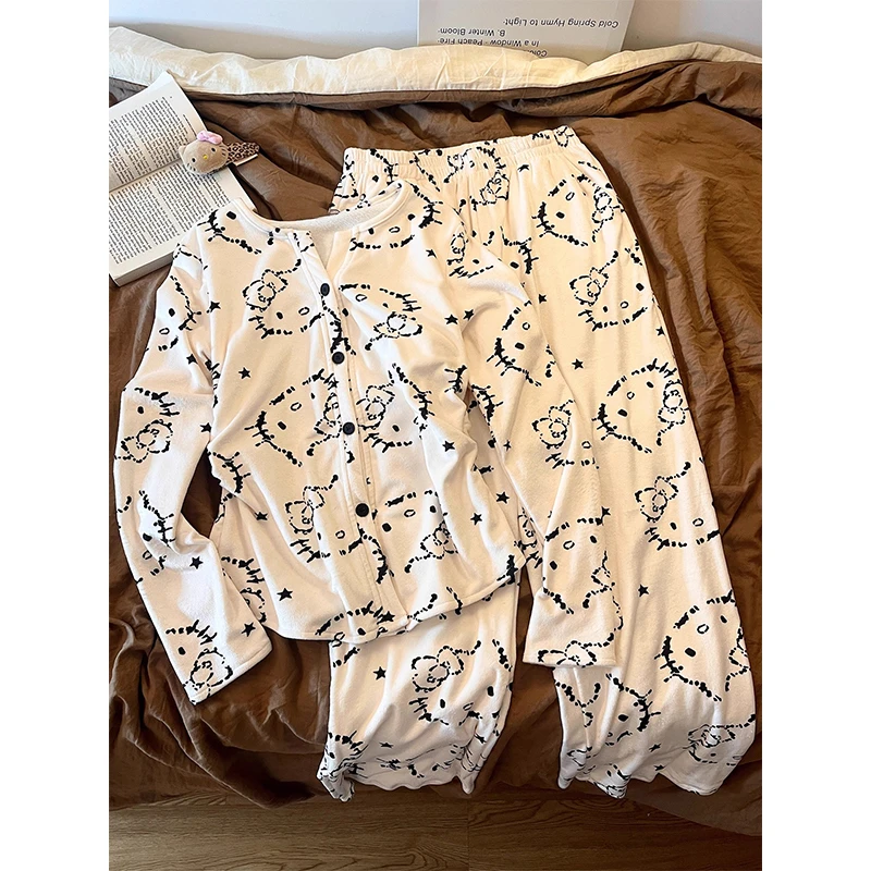少女开衫德绒睡衣女保暖加厚甜美可爱凯蒂猫长袖长裤韩系宽松套装