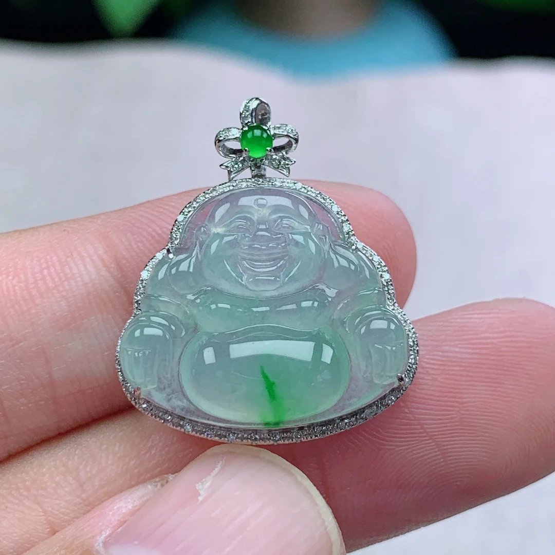 l缅甸天然翡翠A货25.7-22.5-8玉石冰种飘阳绿佛公吊坠礼物金镶嵌