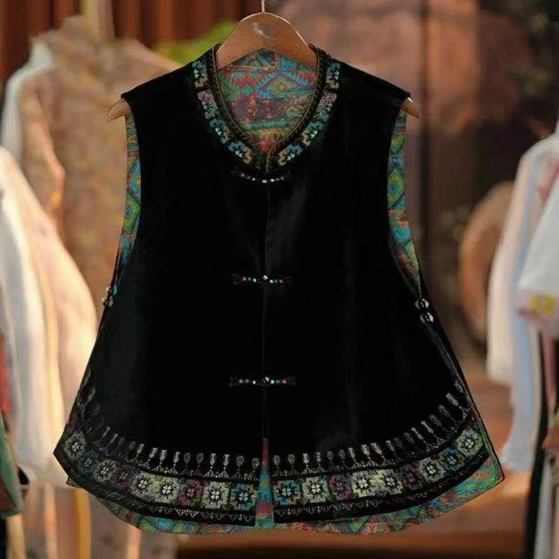 【几斤秋】2025重工两面穿国风马甲丝绒国风新款刺绣圆领中式女上衣