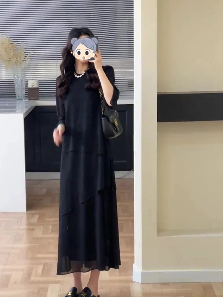 大码复古黑色拼接连衣裙女2025秋季新款梨型身材不规则设计感长裙