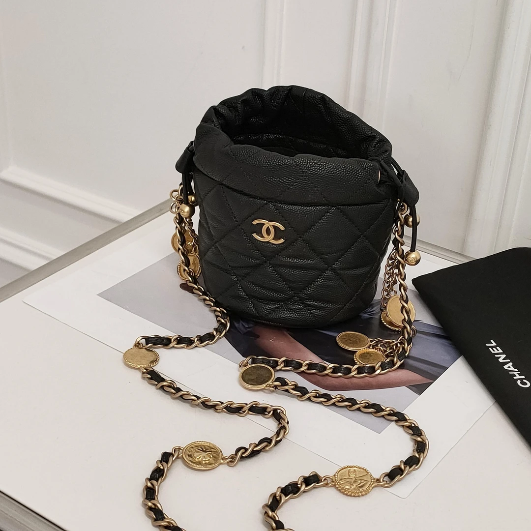 95新 Chanel/香奈儿 Azul-23C黑金金币链条金球水桶包40943/拆单