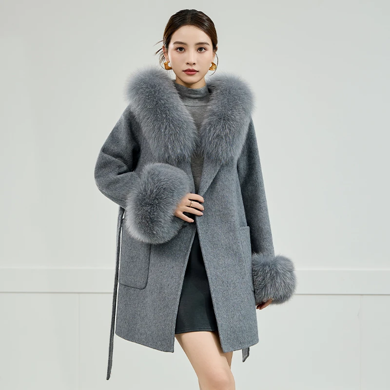 2025秋冬新款韩版狐狸毛中长款小个子双面羊绒大衣毛呢皮草外套女