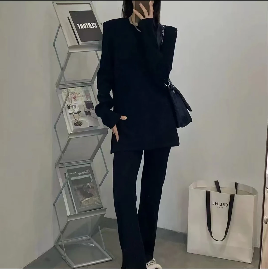 清妍秋季时尚正肩垫肩慵懒风黑色气质显瘦火柴人套装9378