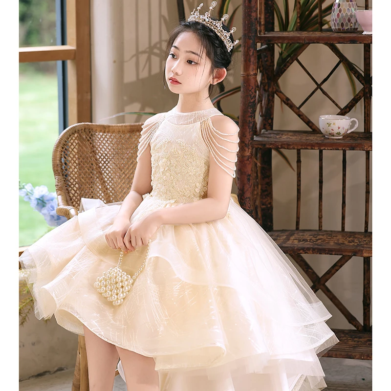 香槟色主持人女童晚礼服2025新款气质轻奢花童钢琴演出走秀公主裙
