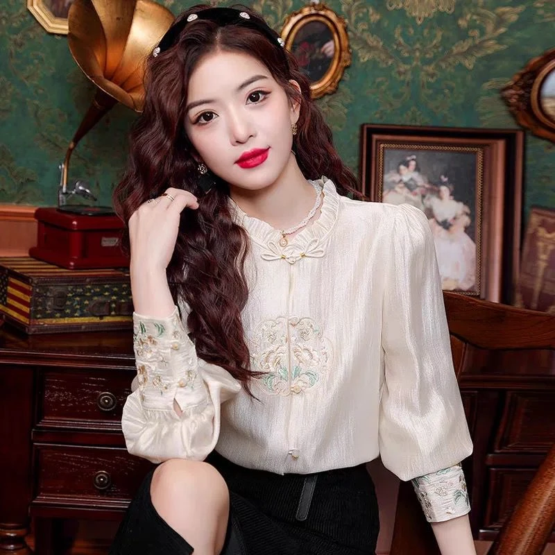 【木耳刺绣打底衫】中式重工刺绣国风衬衫打底上衣时尚百搭小衫女