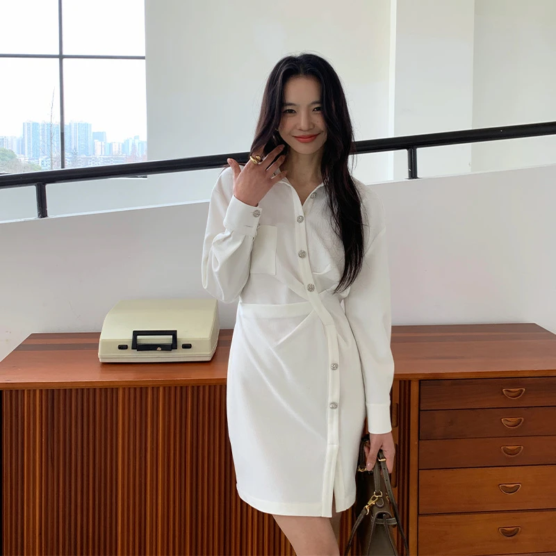 【ALONE SAVOR】智性通勤，春季收腰长款修身显瘦时尚衬衫连衣裙P075