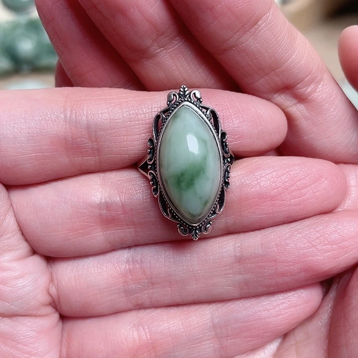 透闪石-蛇纹石玉戒指银S925镶嵌老*