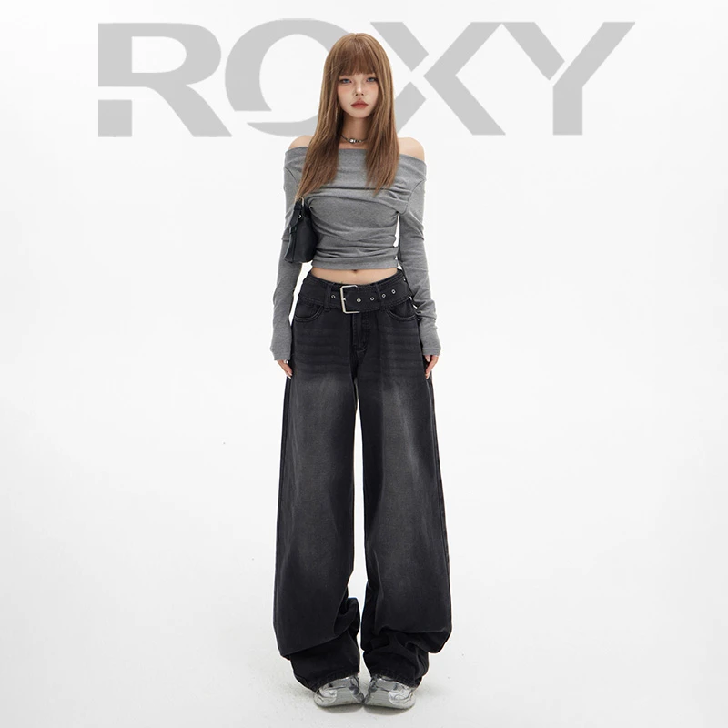 Roxy2024秋冬款复古高腰宽松阔腿裤秋冬腰带垂感百搭牛仔裤女