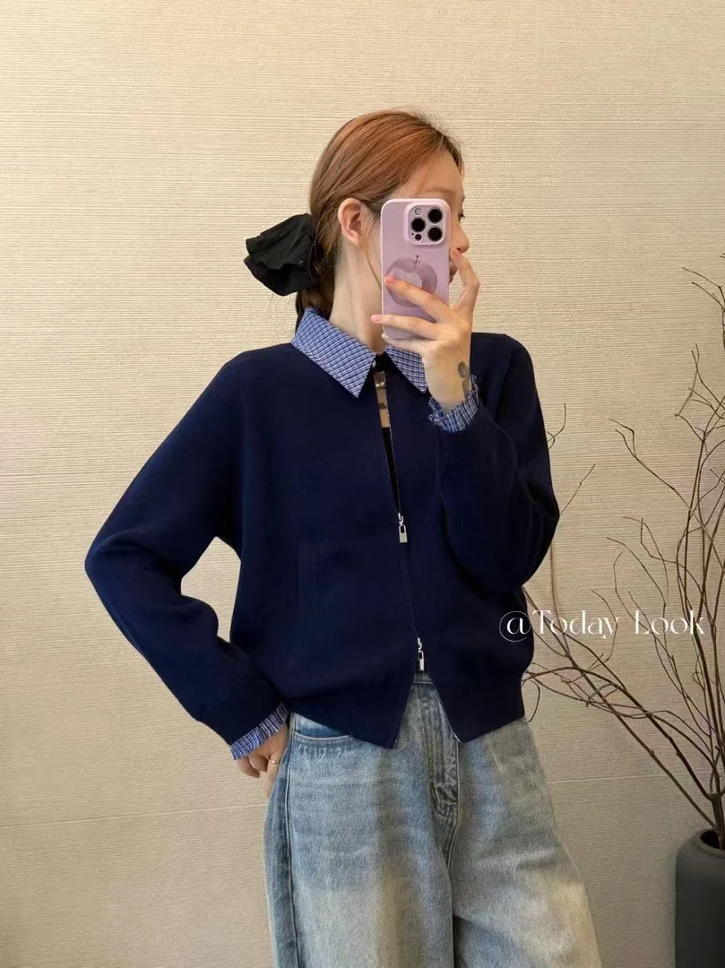 冬季针织拼接秋冬POLO领毛针织衫毛衫上衣毛衣长袖气质牛仔蓝色