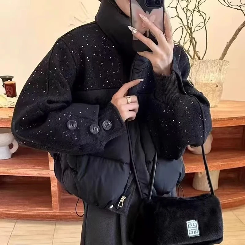 欧货设计感拼接立领棉服女2025冬新款时尚宽松百搭烫钻短外套