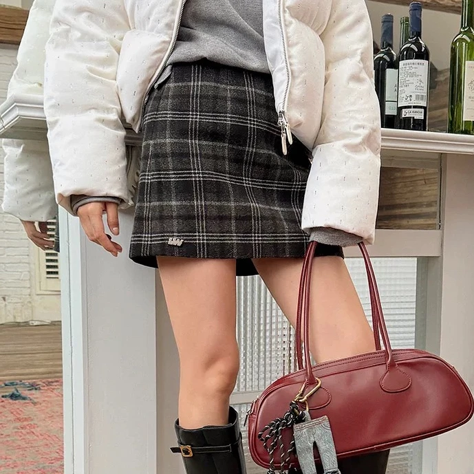 CNLEEWEI 冬季新款高腰显瘦复古黑白格短裙女百搭A字裙半身裙