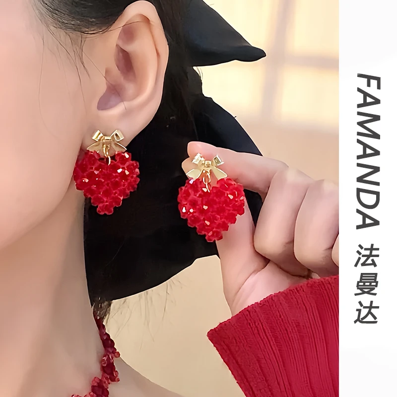 铜合金仿水晶耳饰 【蝴蝶结爱心】法式轻奢爱心手工编织时尚耳环