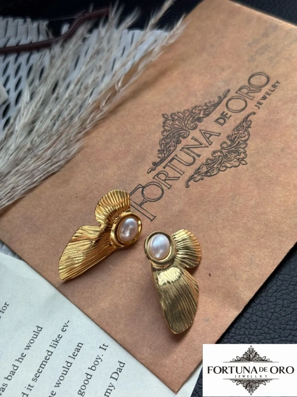 钛钢耳饰 47号珍珠花瓣手工耳环百搭宫廷风首饰金色复古/宫廷气质