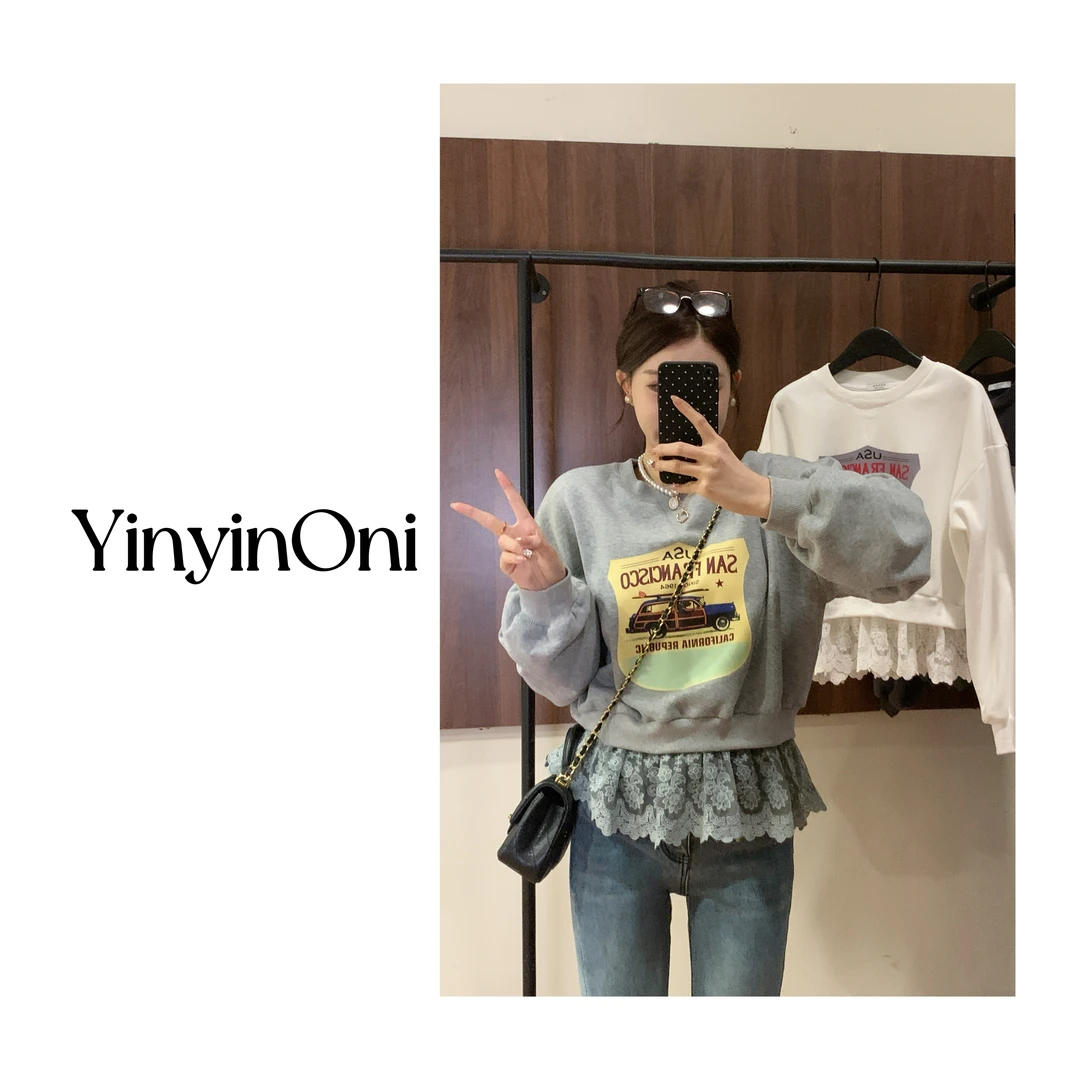 茵茵欧尼（暮光之城）加绒蕾丝边宽松印花长袖卫衣