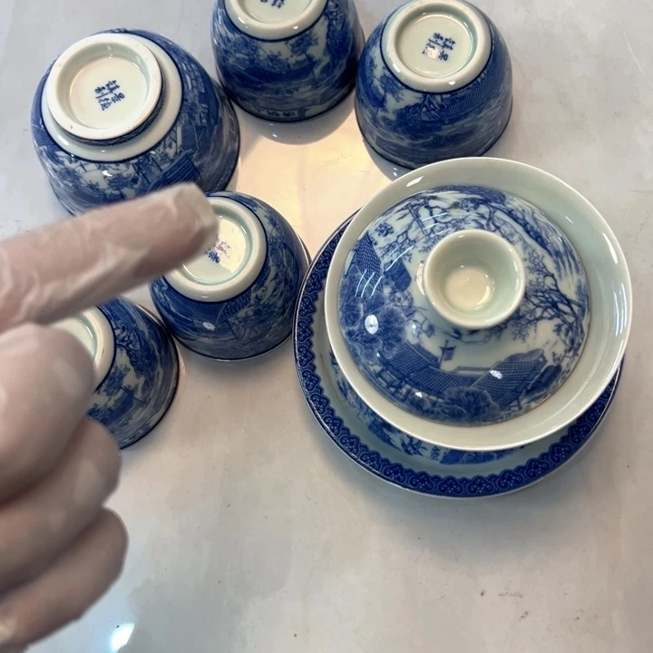 瓷片白青花清明上河图六件套全品