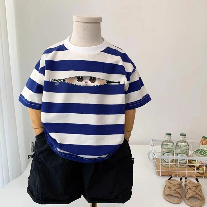 新款条纹儿童卡通可爱猫咪短袖T恤夏季男童女童休闲圆领打底衫潮