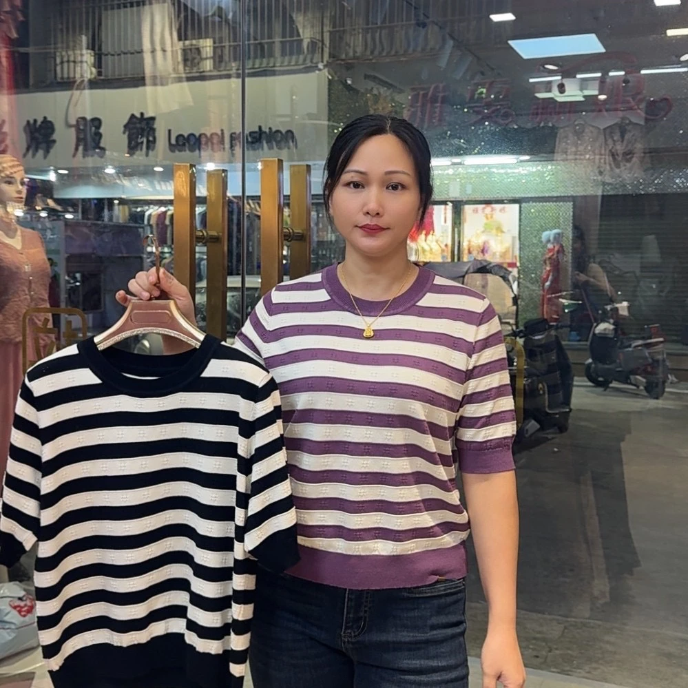 短袖女休闲长袖毛针织衫圆领针织情侣薄款宽松条纹ol