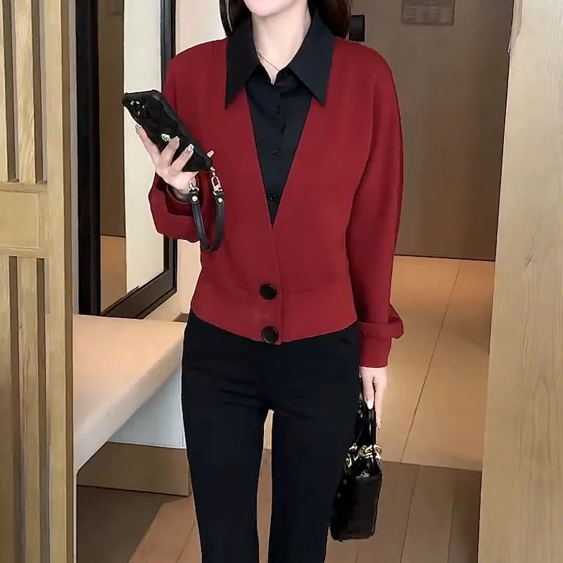 时尚气质简约纯色假两件衬衫上衣女2025春季新款百搭显瘦长袖衬衣