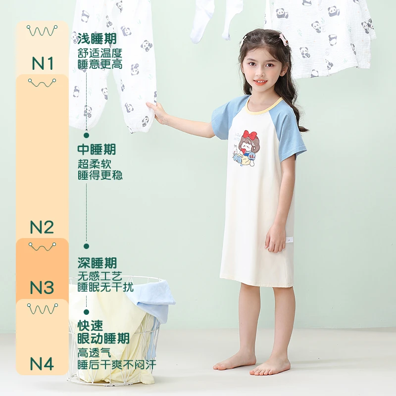 安之伴女童睡裙洋气公主风夏季纯棉透气睡眠短衣儿童宝宝连体短袖