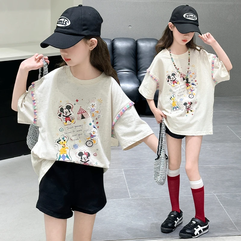 女童短袖t恤夏季2025新款大童女孩甜酷卡通半袖儿童宽松休闲上衣